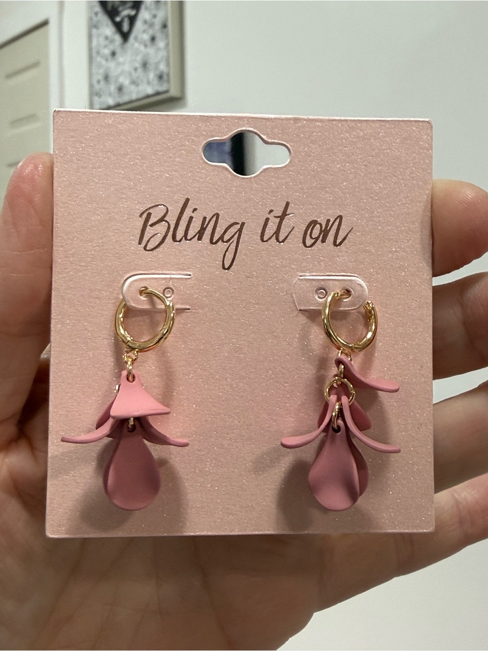 Pink Floral Drop Hoop gold tone Earrings